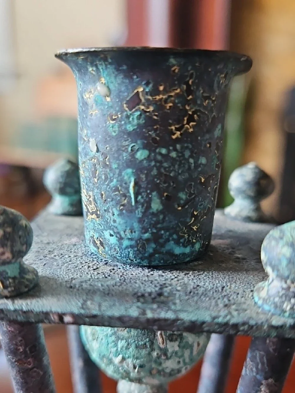VTG Postmodern Memphis Style Verdigris Metal Candlestick Holder